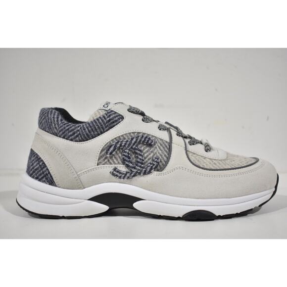 Chanel 22K Mens White Grey Suede CC Logo Low Top Lace Up Trainer Sneaker 44 11 - Picture 1 of 12